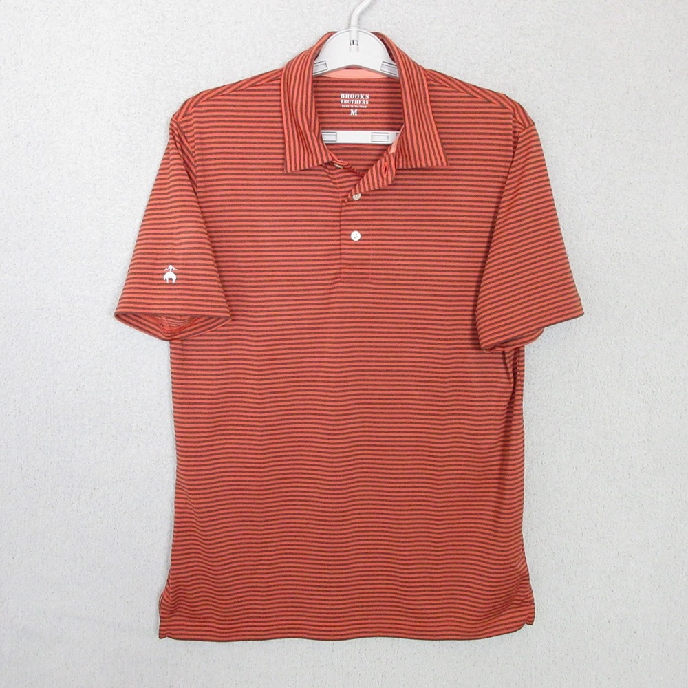 Brooks Brothers Polo Shirt Mens Medium Orange Striped Performance Stretch Logo